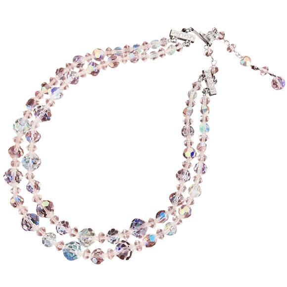 VTG 1950-60s Necklace AB Crystal Graduated Bead Double Strand Choker Layered MCM - Picture 1 of 12